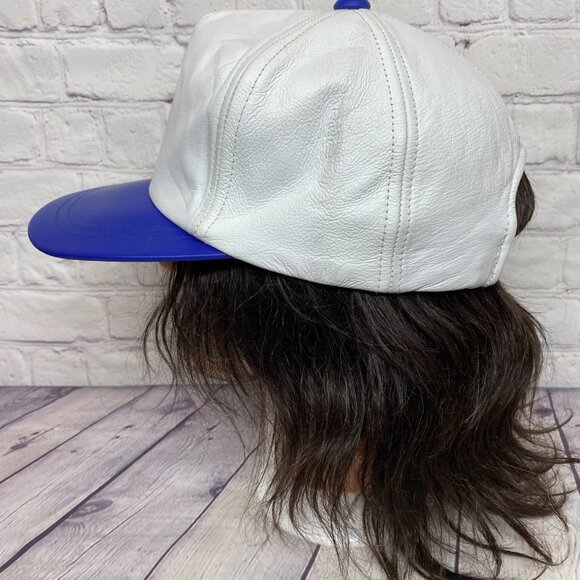 Vintage Mobil Oil Leather Hat Cap Strap Back White Blue Embroidered Pegasus Logo - Picture 2 of 10
